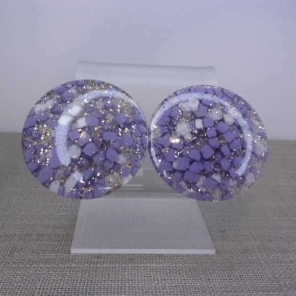 Purple White Confetti Lucite Clip Earrings - Picture 1 of 5